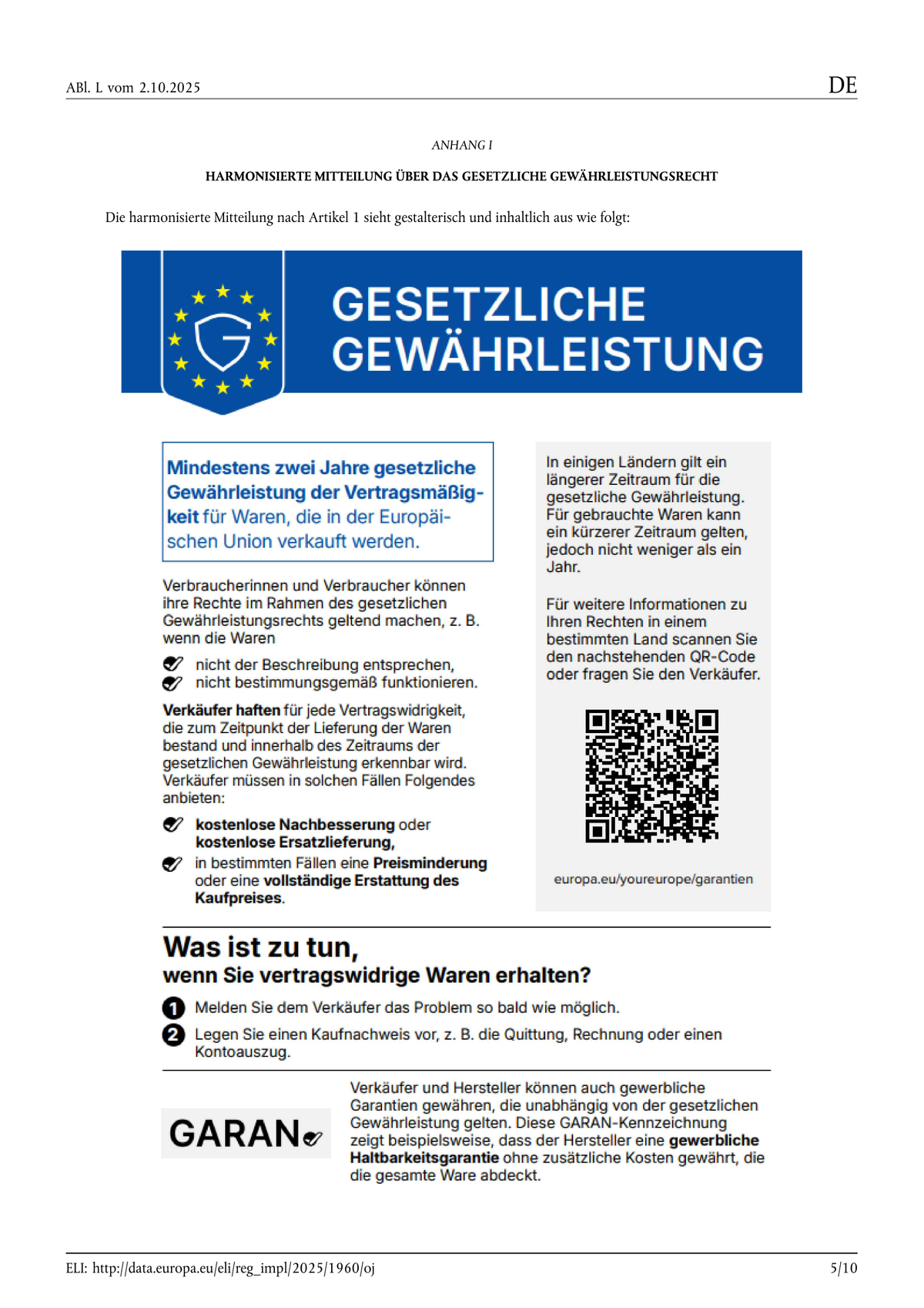 Harmonisierte Mitteilung über das gesetzliche Gewährleistungsrecht